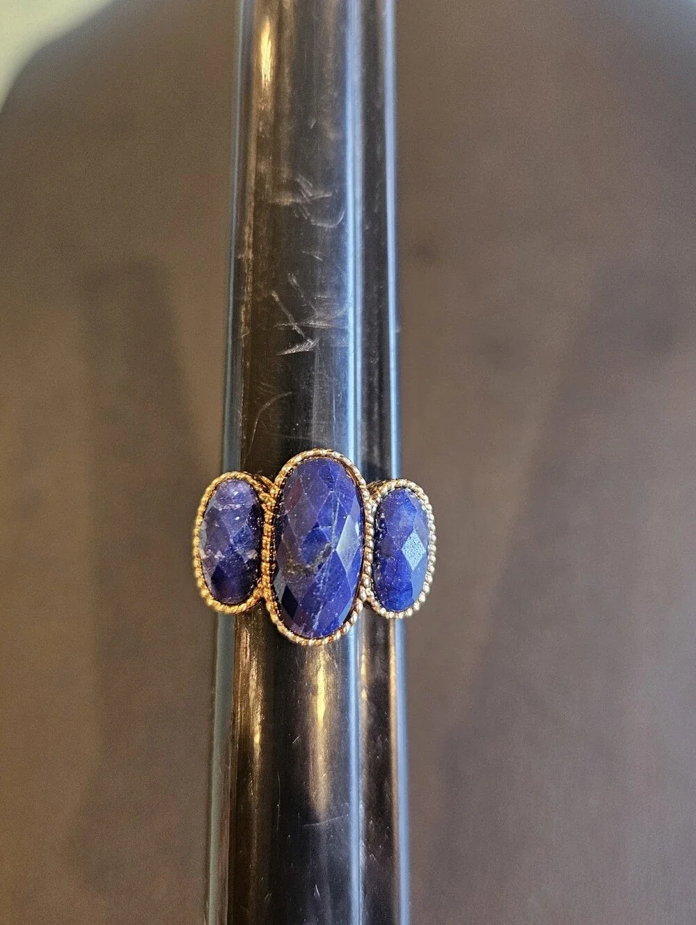 Three-Stone Blue Faceted Lapis Gemstone Ring in Gold Over Sterling Silver - Picture 1 of 7